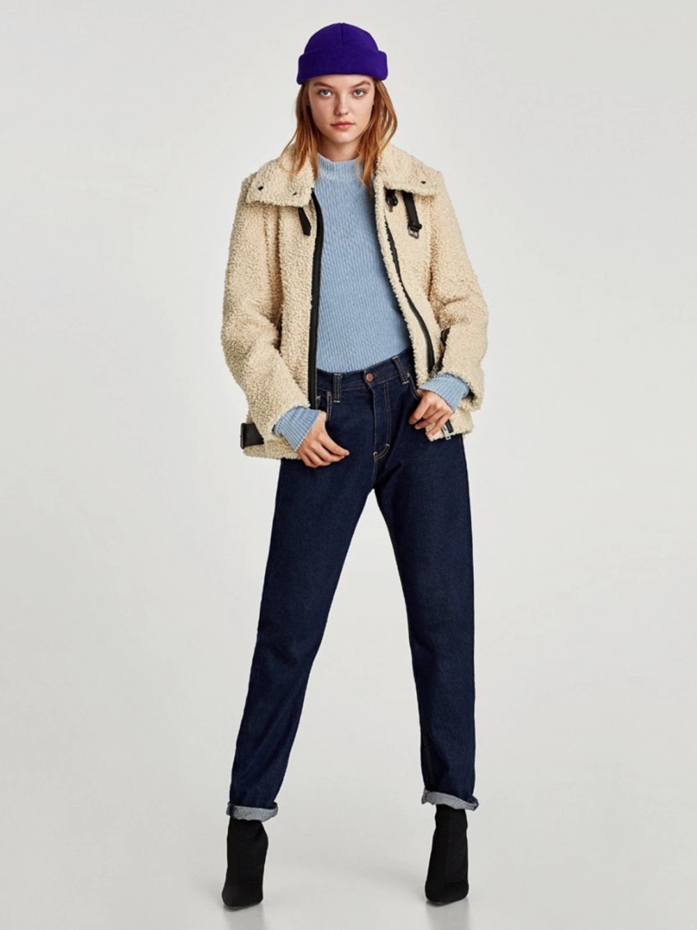 ZARA Shearling Faux Fur Teddy Aviator Moto Jacket Coat High Collar LIKE NEW - Picture 2 of 16